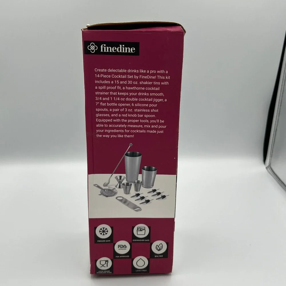 FineDine 14pc Stainless Steel Bar Set Silver Cocktail Shaker Like New